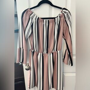 Dex Pink and White Striped Off-Shoulder Tunic Dress